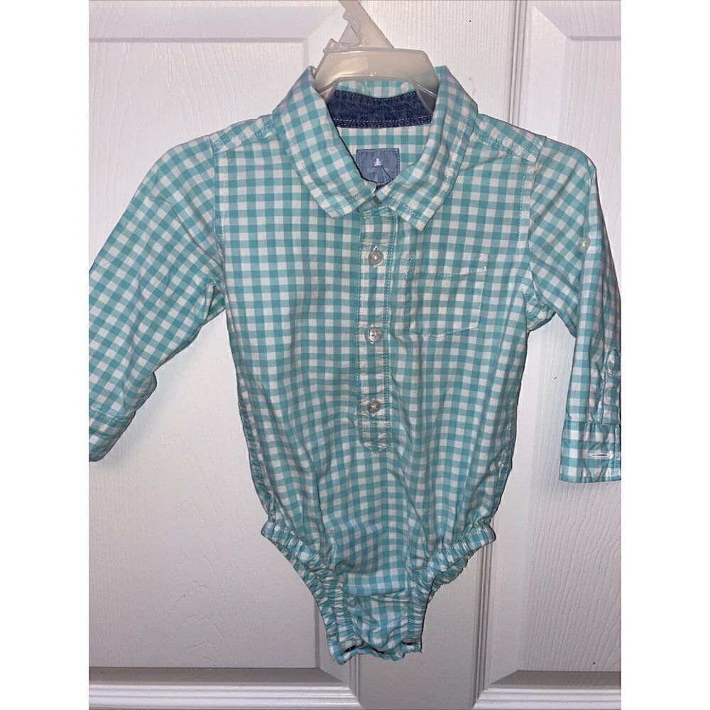 t  BABY GAP basic oxford button front snap crotch blue checkered shirt 12-18mos